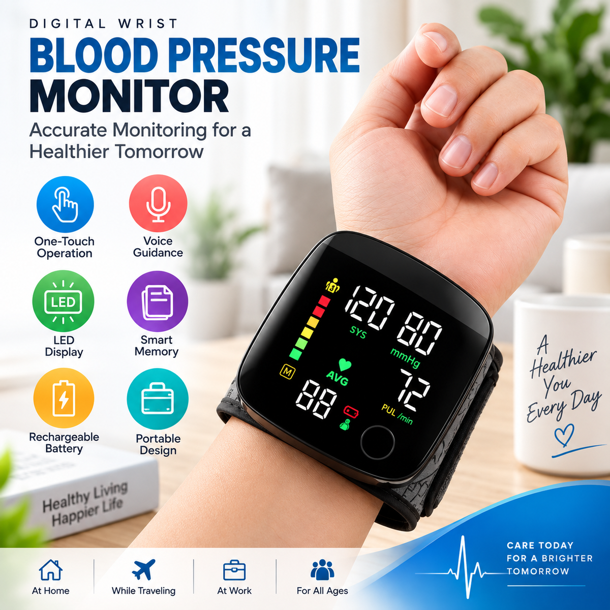 Digital Wrist Blood Pressure Monitor, Rechargeable Fully Automatic BP Machine with Voice Guidance, LED Display, Touch Screen & Smart Memory, Portable Wrist BP Monitor for Home Use