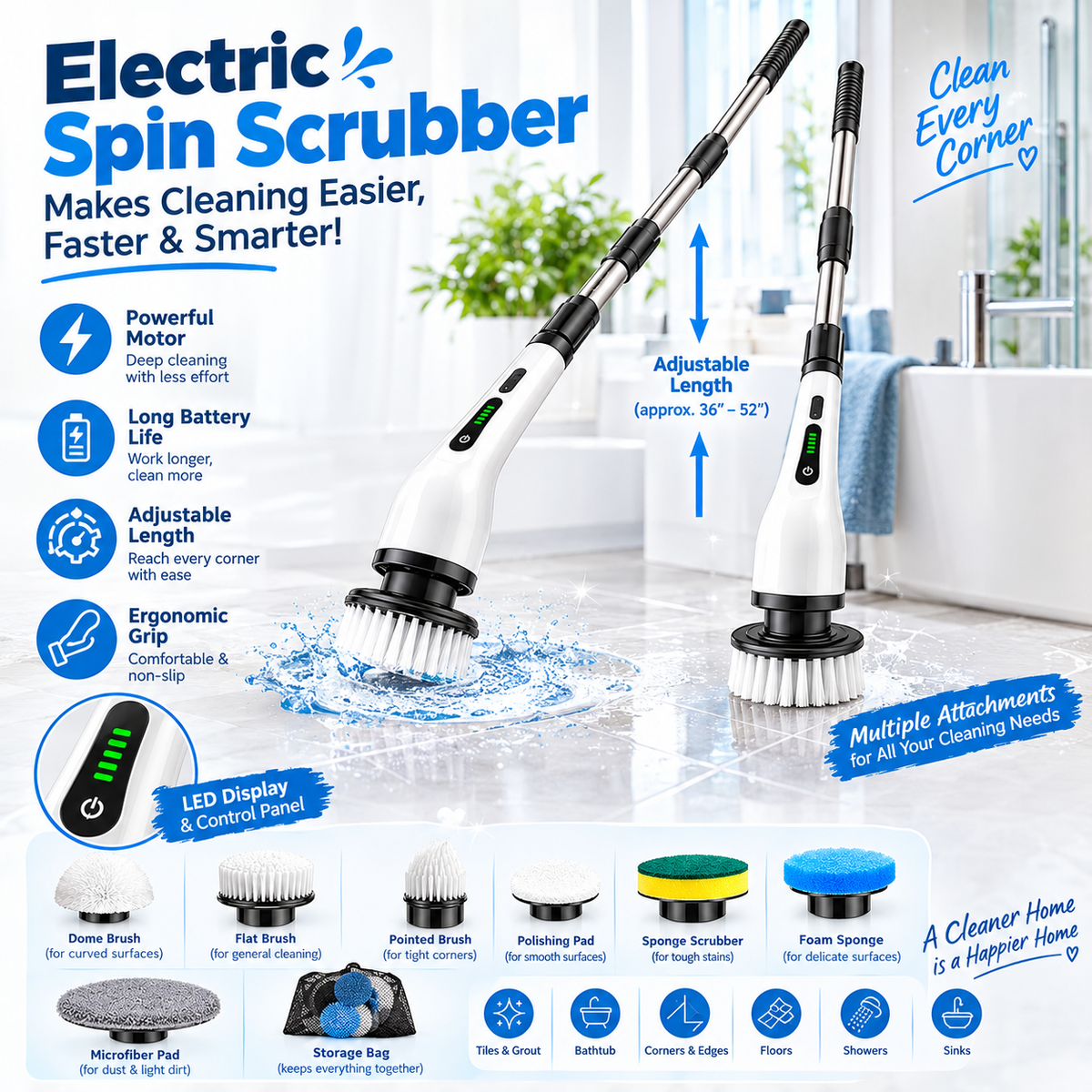 9-in-1 Cordless Electric Spin Scrubber with Extendable Handle, Rechargeable Multi-Surface Cleaning Brush with Dual Speed, Bathroom, Floor, Kitchen & Tile Cleaning