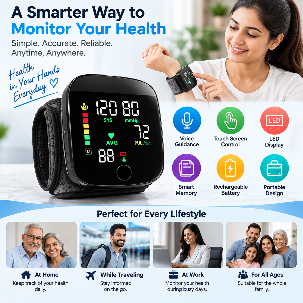 Digital Wrist Blood Pressure Monitor, Rechargeable Fully Automatic BP Machine with Voice Guidance, LED Display, Touch Screen & Smart Memory, Portable Wrist BP Monitor for Home Use