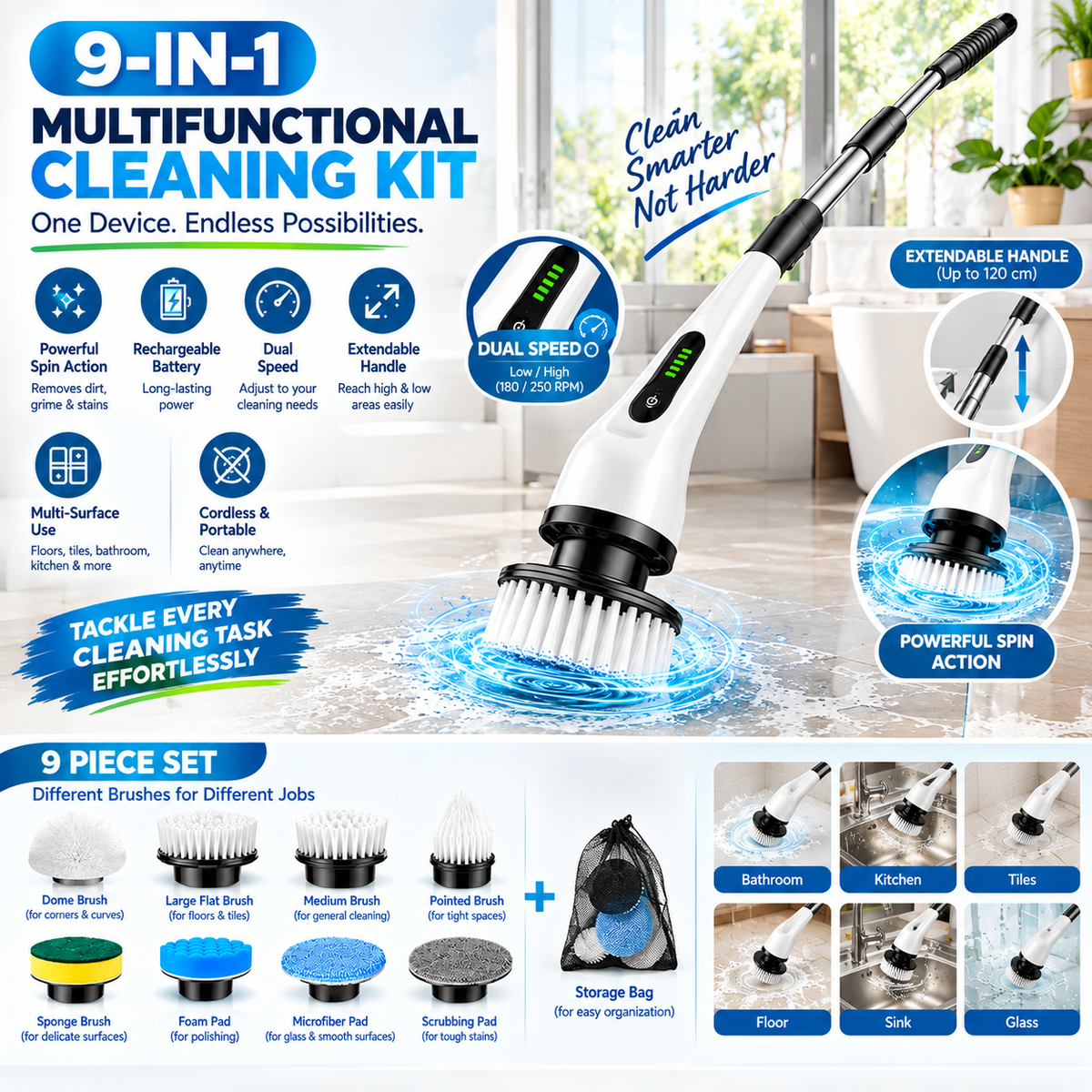9-in-1 Cordless Electric Spin Scrubber with Extendable Handle, Rechargeable Multi-Surface Cleaning Brush with Dual Speed, Bathroom, Floor, Kitchen & Tile Cleaning