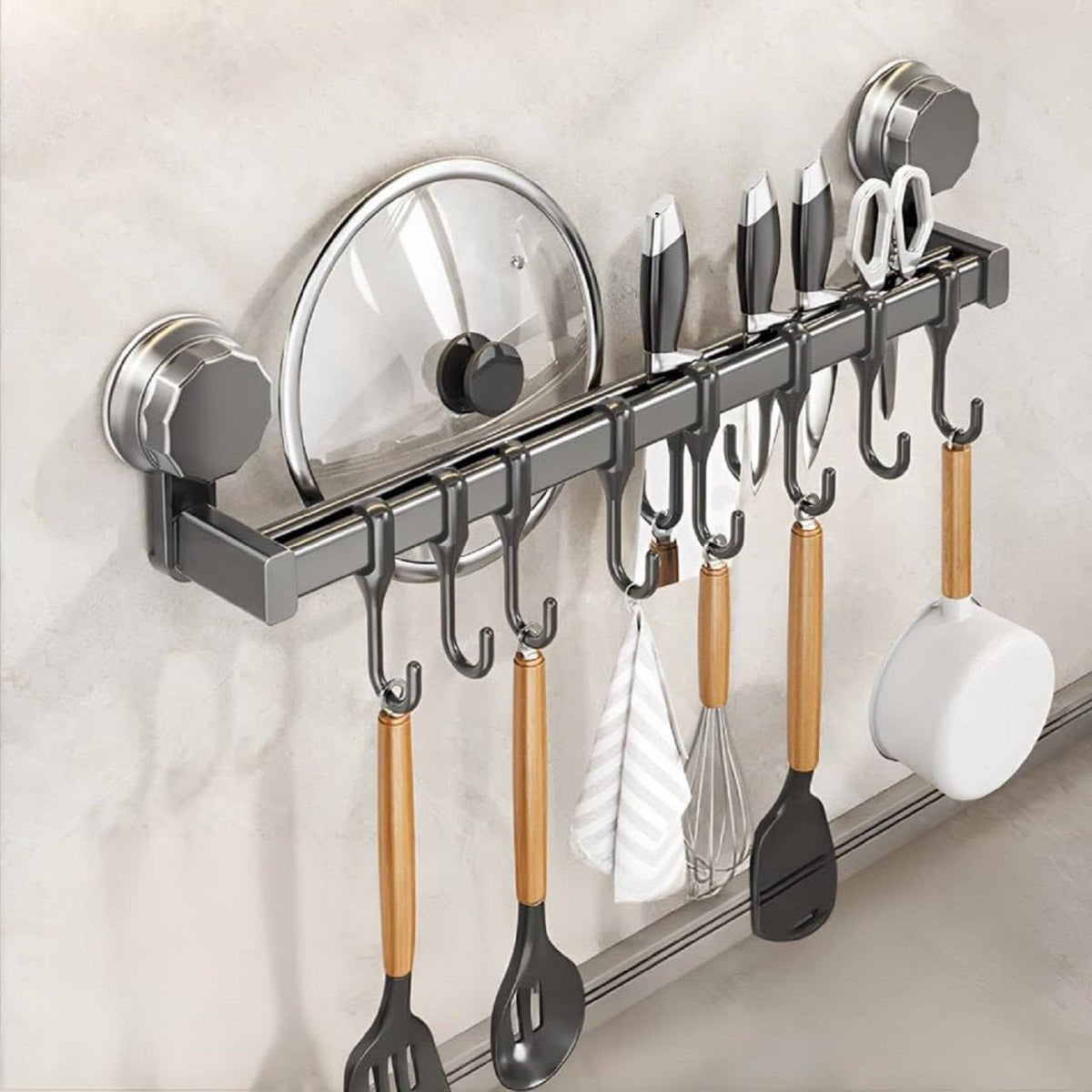 8-Hook Wall-Mounted Storage Rack, 40 cm Carbon Steel Kitchen & Bathroom Organizer with Strong Suction Cup Mounting, Multi-Purpose Wall Hook Rack for Utensils, Towels, Pot Lids and Accessories.