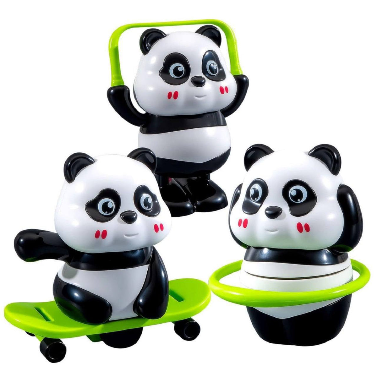 Cute Panda Action Toy Set of 3 with Skateboard, Hula Hoop and Exercise Panda Figures | Interactive Wobbling, Spinning, Skating and Jumping Animal Toys | Adorable Panda Playset for Kids | Fun Cartoon Panda Gift Set
