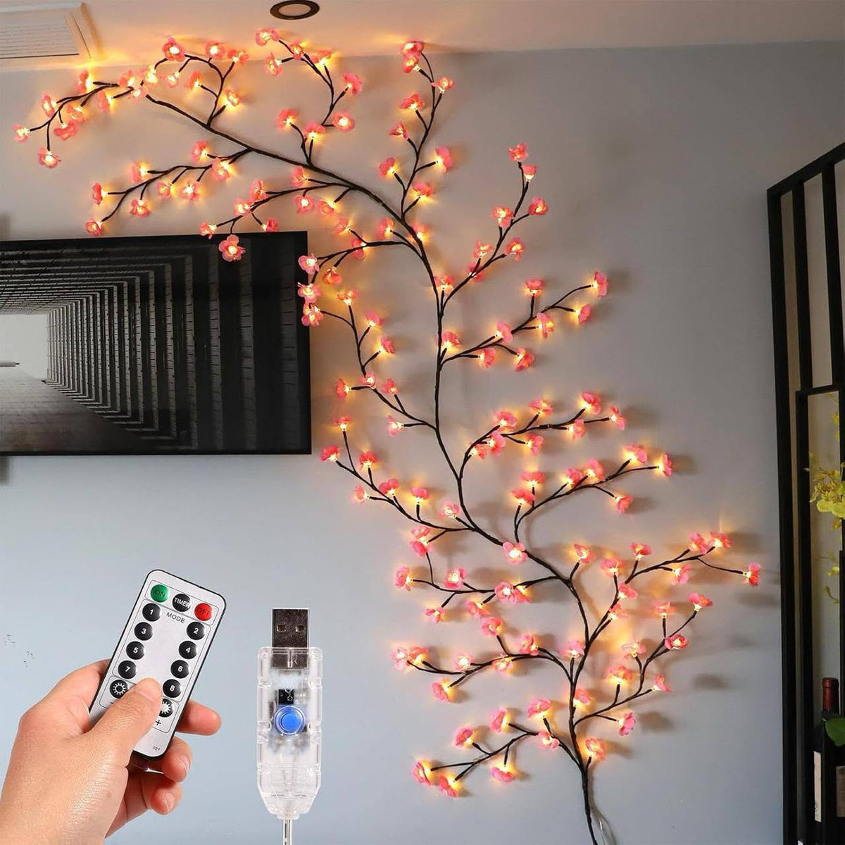 LED Cherry Blossom Tree Branch Lights with Remote Control and Clips, Flexible Enchanted Willow Vine Fairy Lights, Twinkling Artificial Tree Branch Decorative Wall Light for Bedroom, Living Room, Party and Home Decor