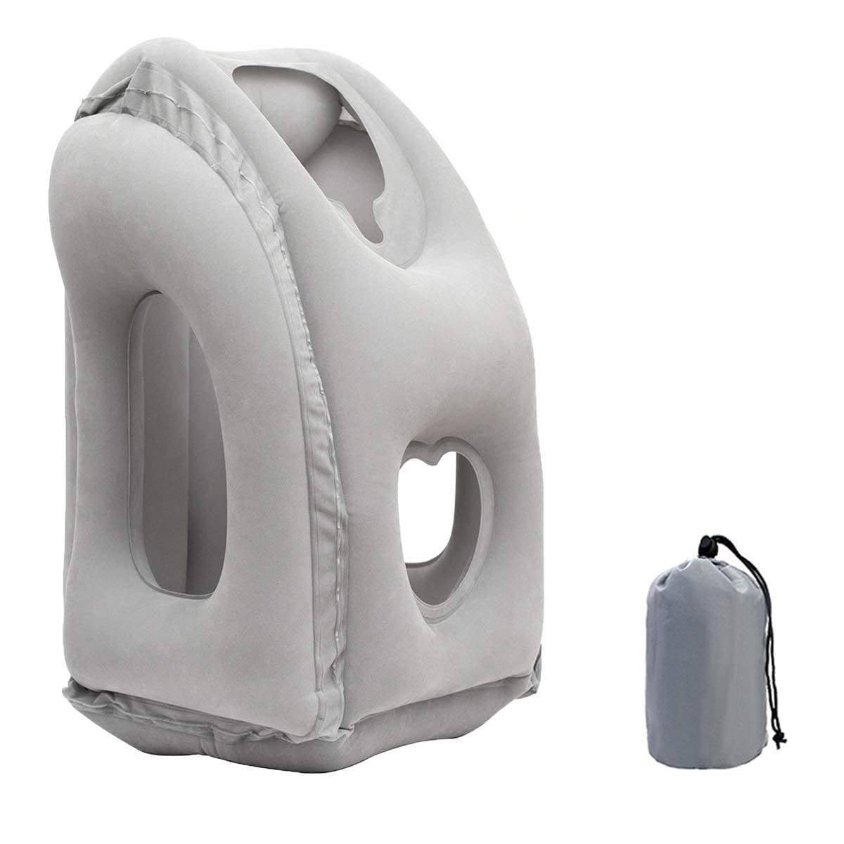 Inflatable Travel Pillow with Head and Neck Support, Portable Air Pillow with Drawstring Storage Bag, Comfortable Travel Sleeping and Face Rest Cushion for Airplane, Car, Bus, Train and Long Journeys