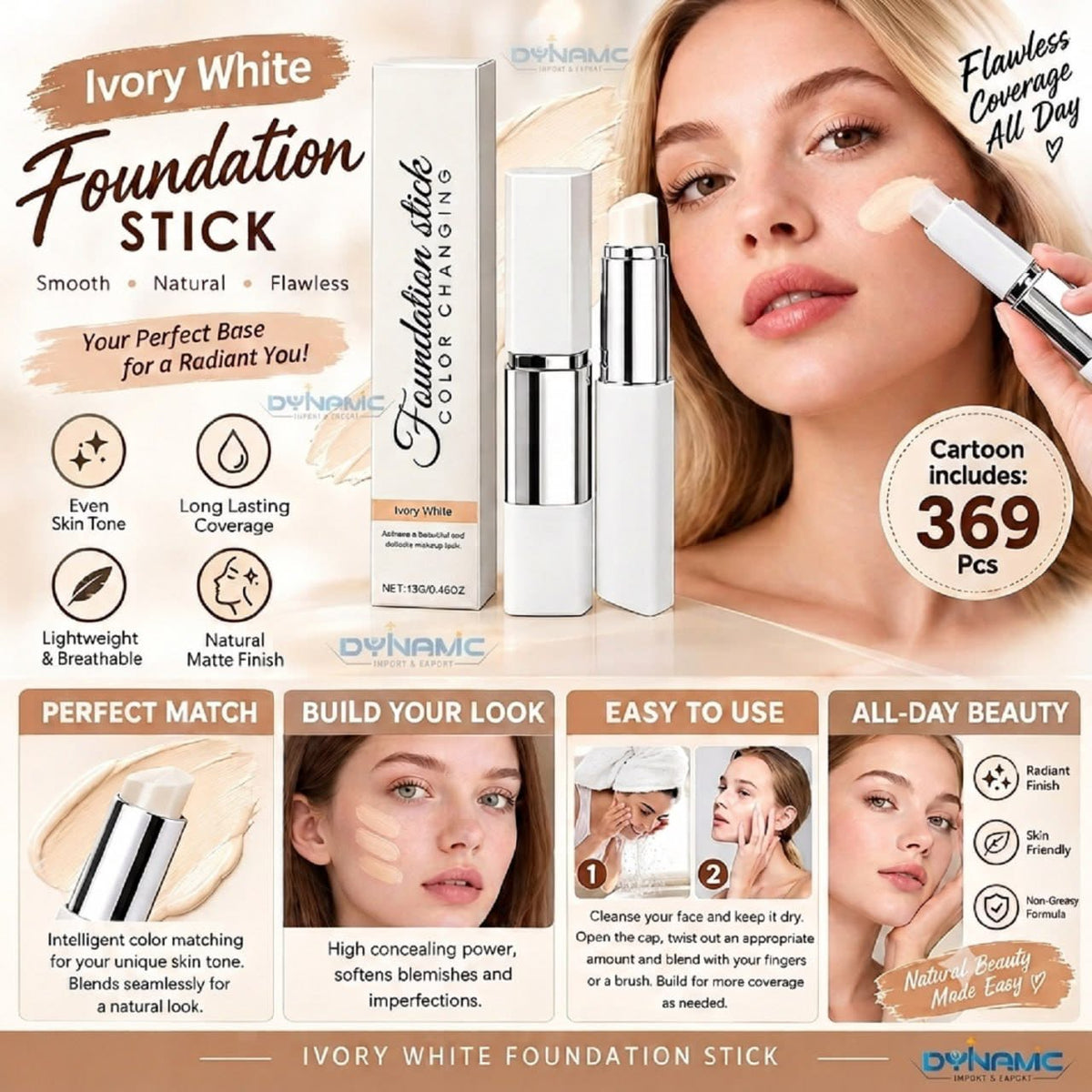 2-in-1 Color Changing Foundation Stick with Built-in Brush, Ivory White Korean Makeup Foundation Stick, Dual-Ended Complexion Stick with Detachable Brush, Medium to Full Coverage, Natural Dewy Finish Base Makeup