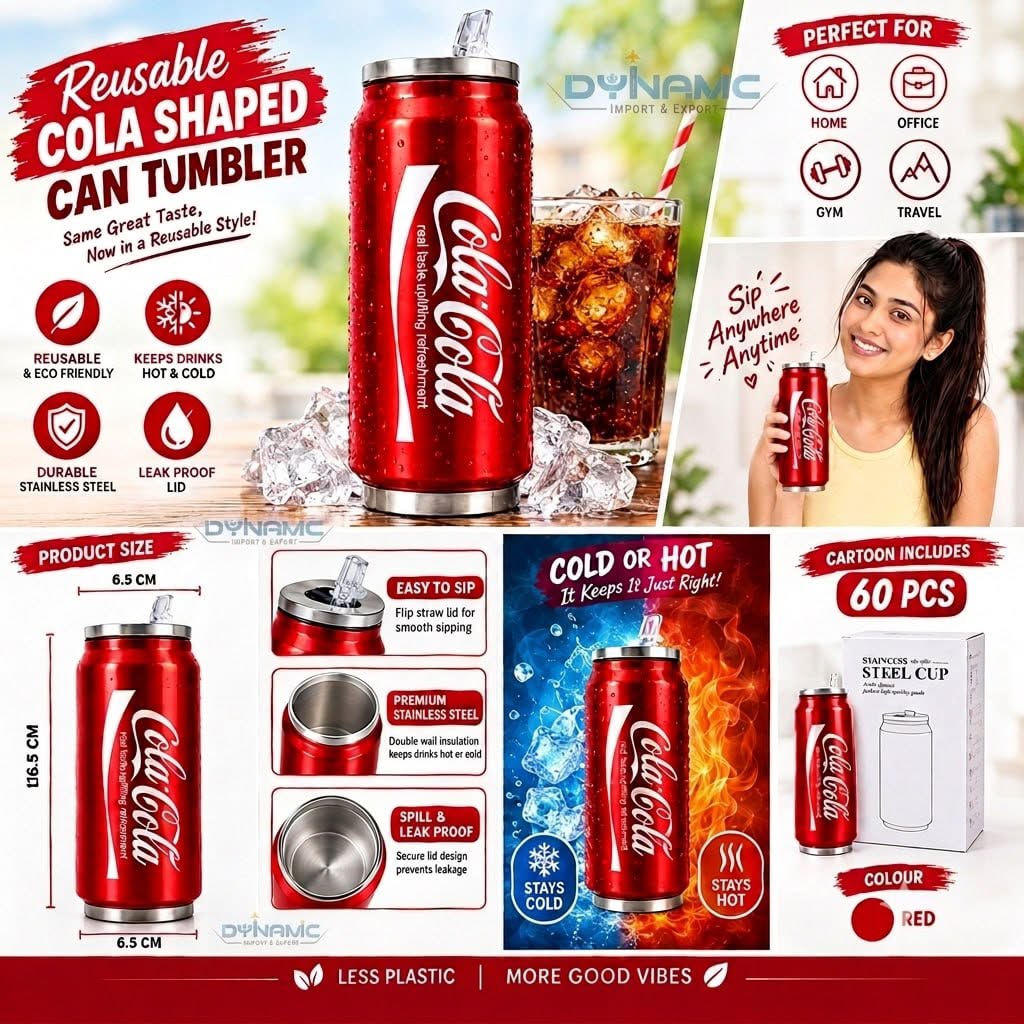 Coca-Cola Can Shaped Stainless Steel Tumbler 500ml, Insulated Cola Bottle with Straw and Sipper Lid, Reusable Leak-Resistant Travel Mug for Hot and Cold Beverages