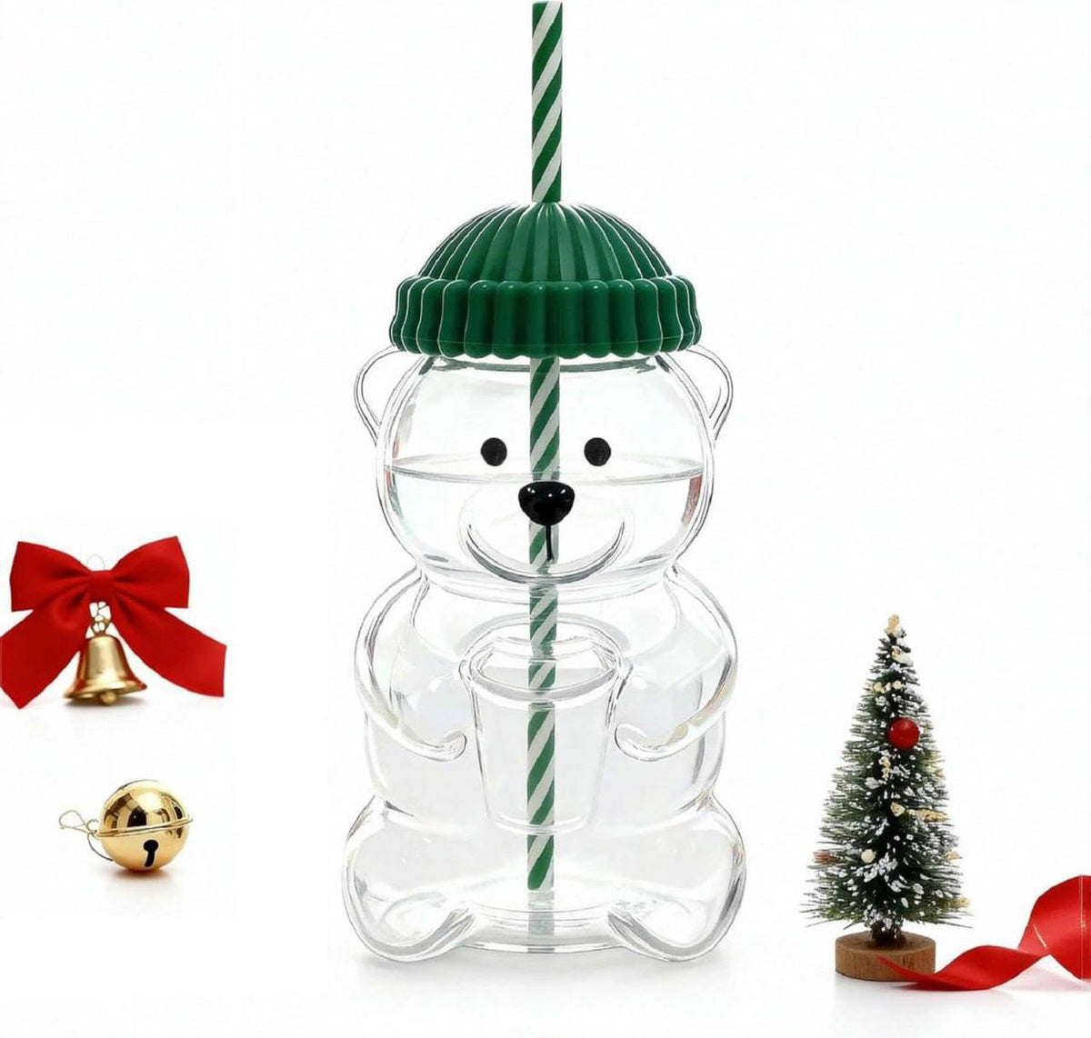 Bear Shaped Glass Cup with Lid and Straw, Cute Transparent Reusable Glass Tumbler, Animal Design Coffee Mug for Milk, Tea, Juice, Smoothies and Cold Drinks, Green & Pink