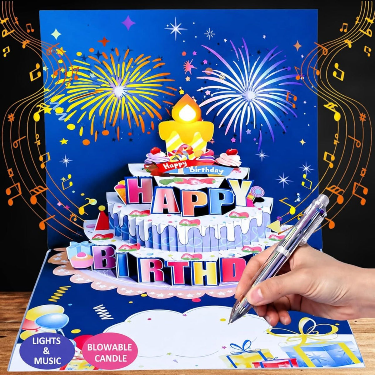 3D Pop-Up Musical Birthday Greeting Card with LED Lights, Blowable Candle and Fireworks Sound, Interactive Birthday Cake Card with Music, Customizable Name Birthday Wishes Card, Unique Birthday Gift