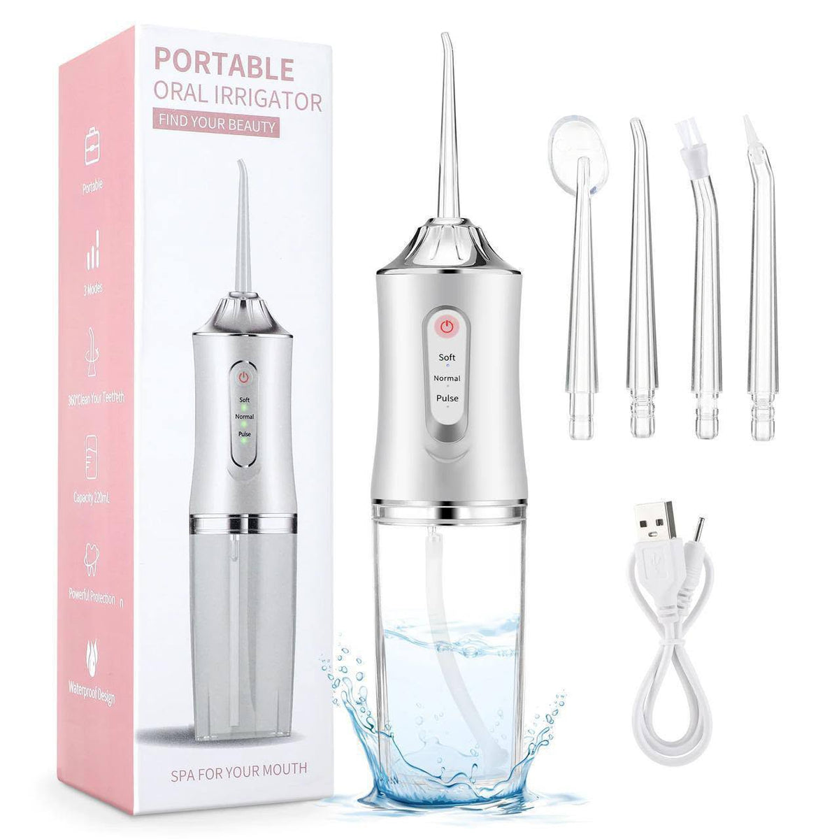 Cordless Water Dental Flosser, Portable Rechargeable Oral Irrigator with 4 Nozzles, 3 Cleaning Modes, High-Pressure Water Jet Teeth Cleaner, Portable Oral Hygiene Device for Daily Dental Care