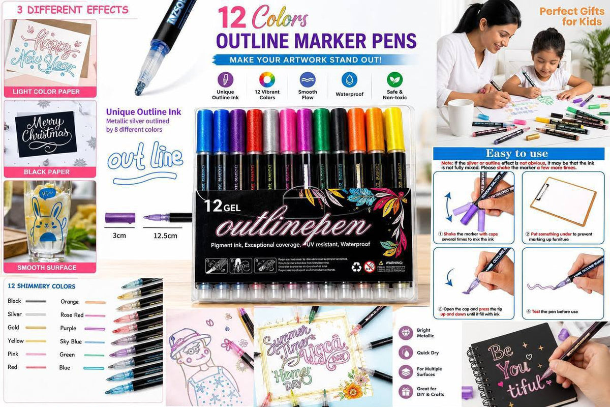 12pcs Gel Outliner Pens Set, Metallic Double Line Outline Markers with Glitter Shimmer Effect, Smooth Flow Dual Line Marker Pens for Scrapbooking, Journaling, Card Making, Fabric Art and DIY Crafts
